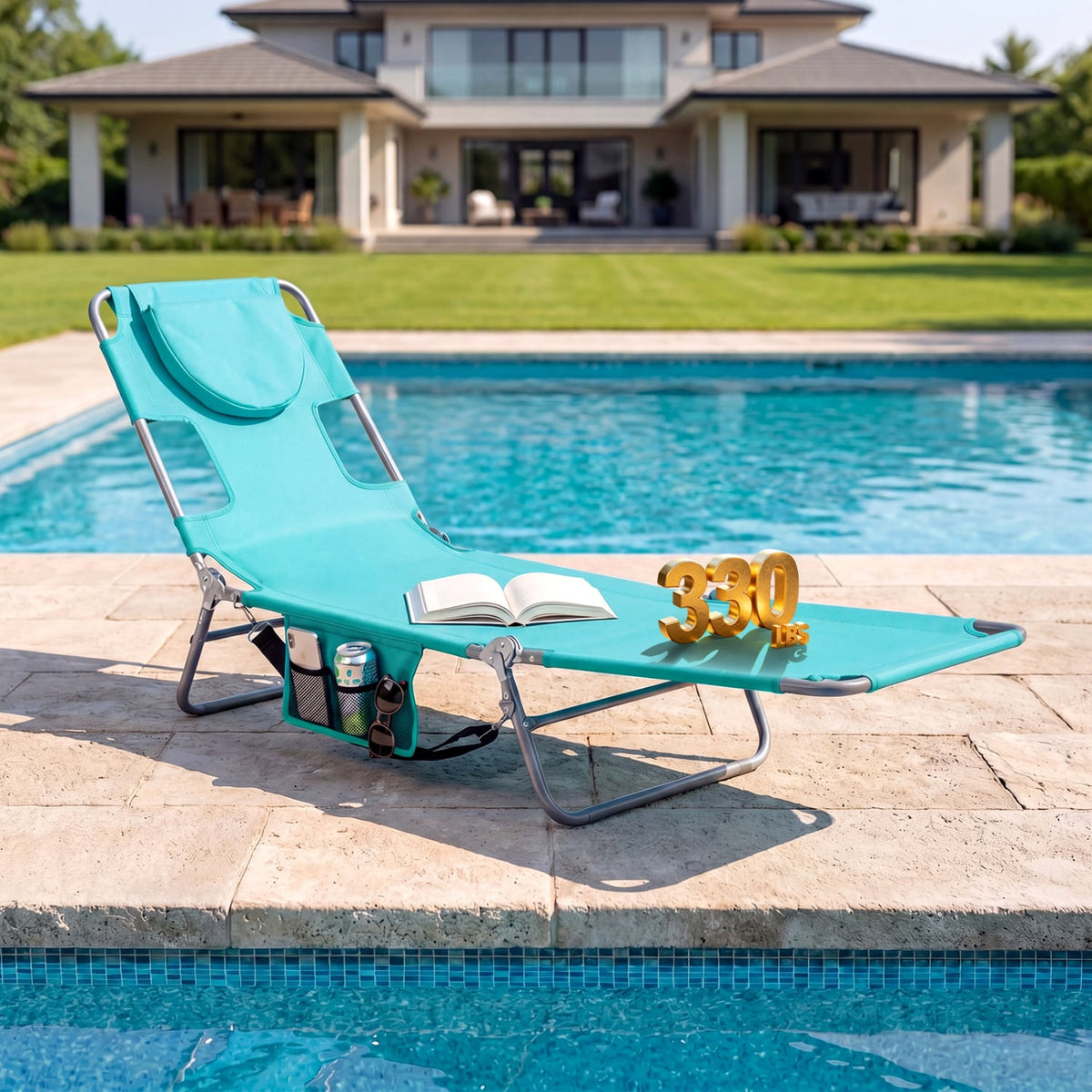 Folding Beach Lounge Chair with Adjustable Backrest for Lawn-Light Green