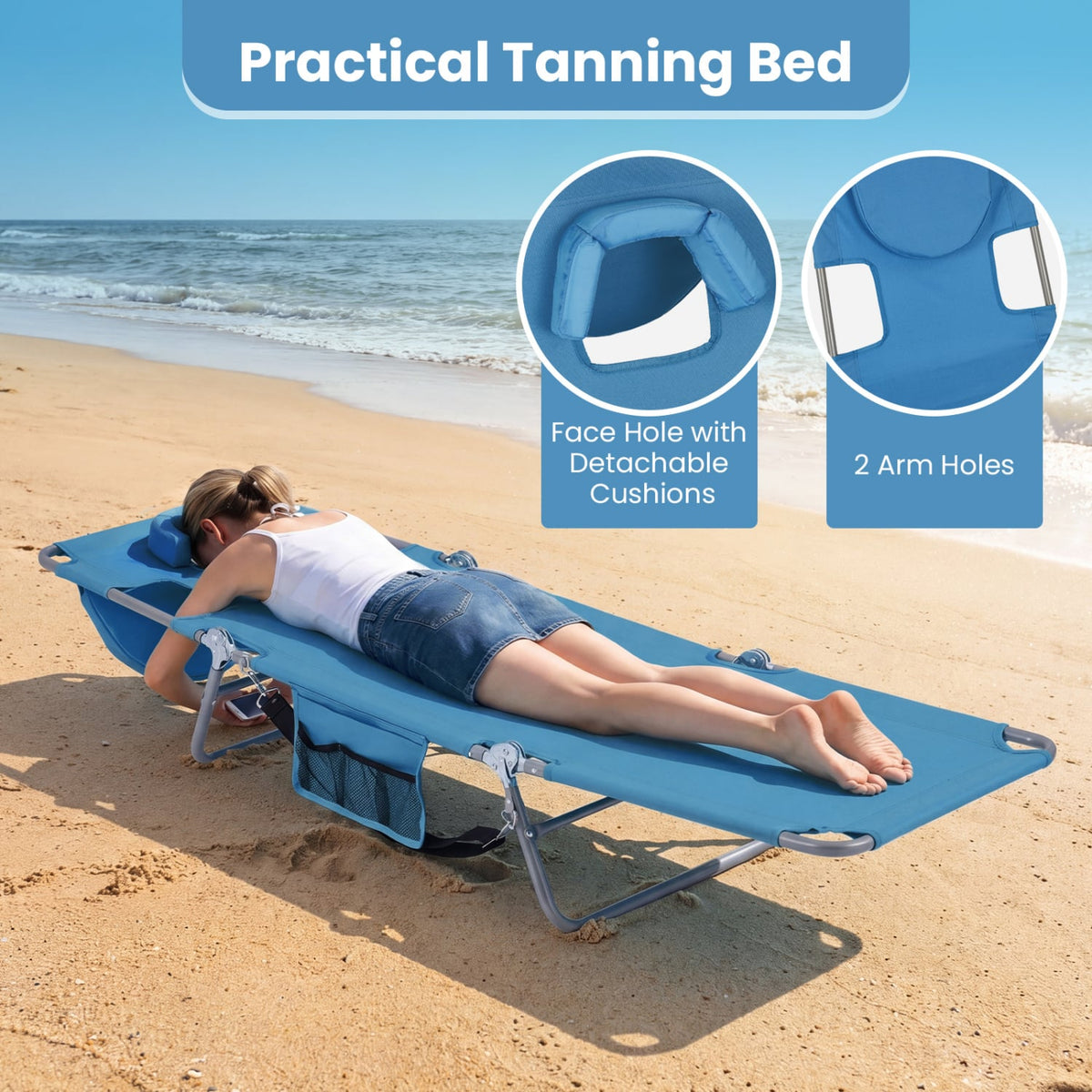 Folding Beach Lounge Chair with Adjustable Backrest for Lawn-Blue