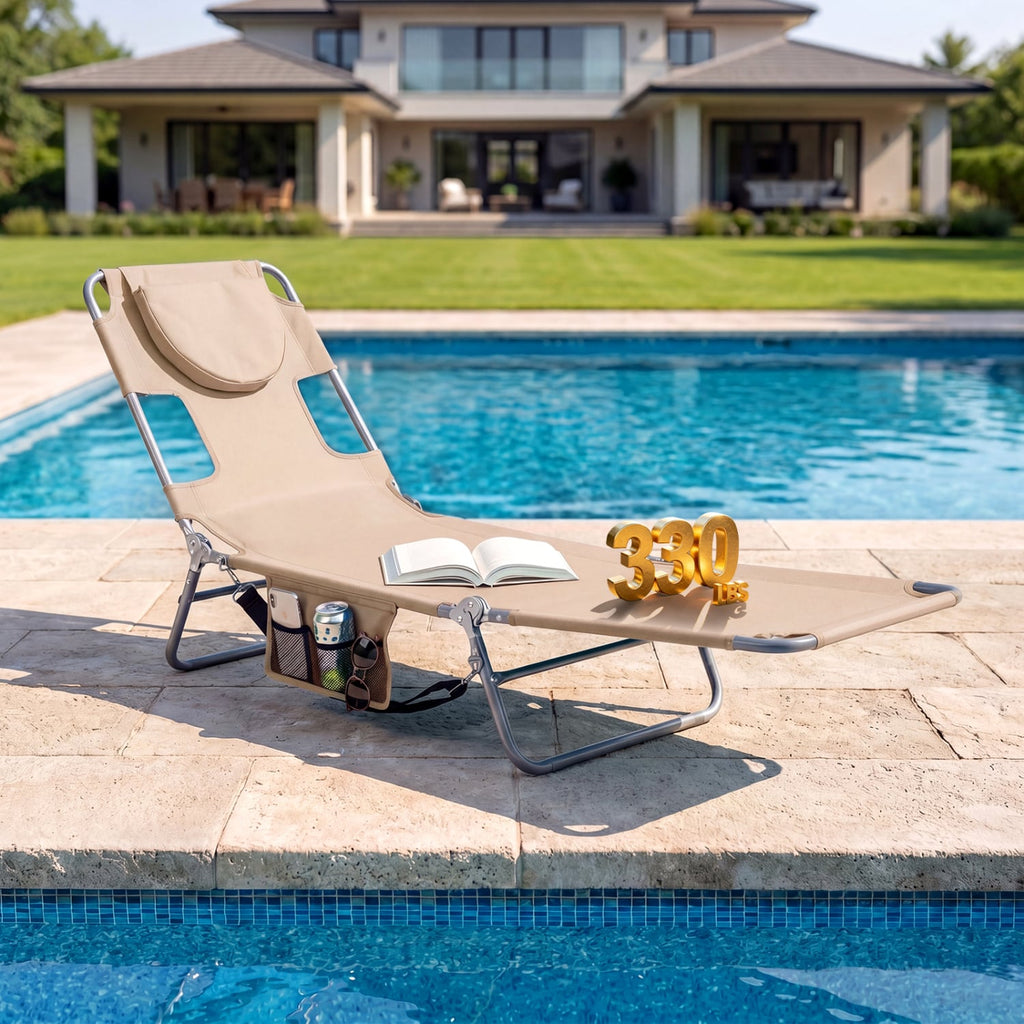 Folding Beach Lounge Chair with Adjustable Backrest for Lawn-Beige