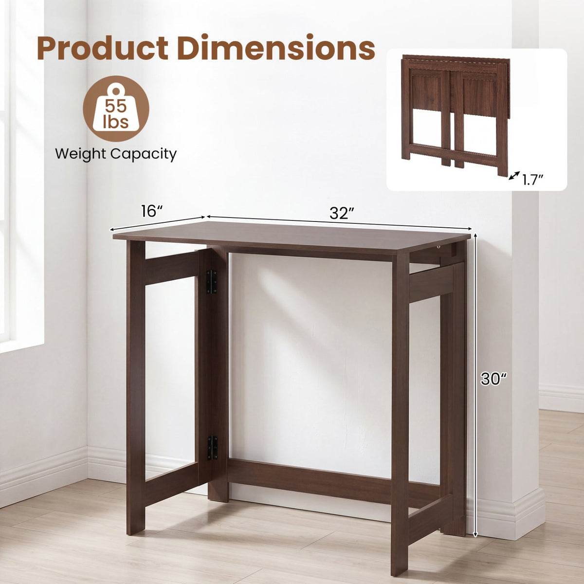 Folding Console Table with Foldable Legs-Brown