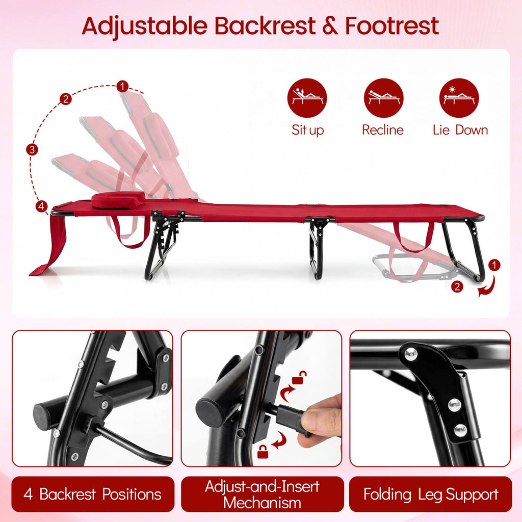 Folding Tanning Lounger with 4 Backrest Positions and Leg Support, Red