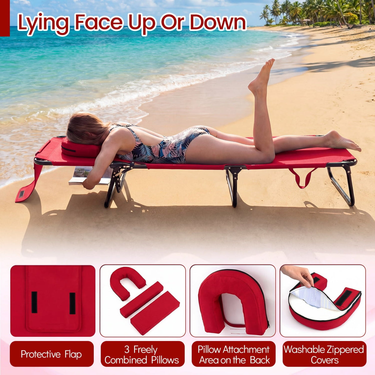 Folding Tanning Lounger with 4 Backrest Positions and Leg Support, Red