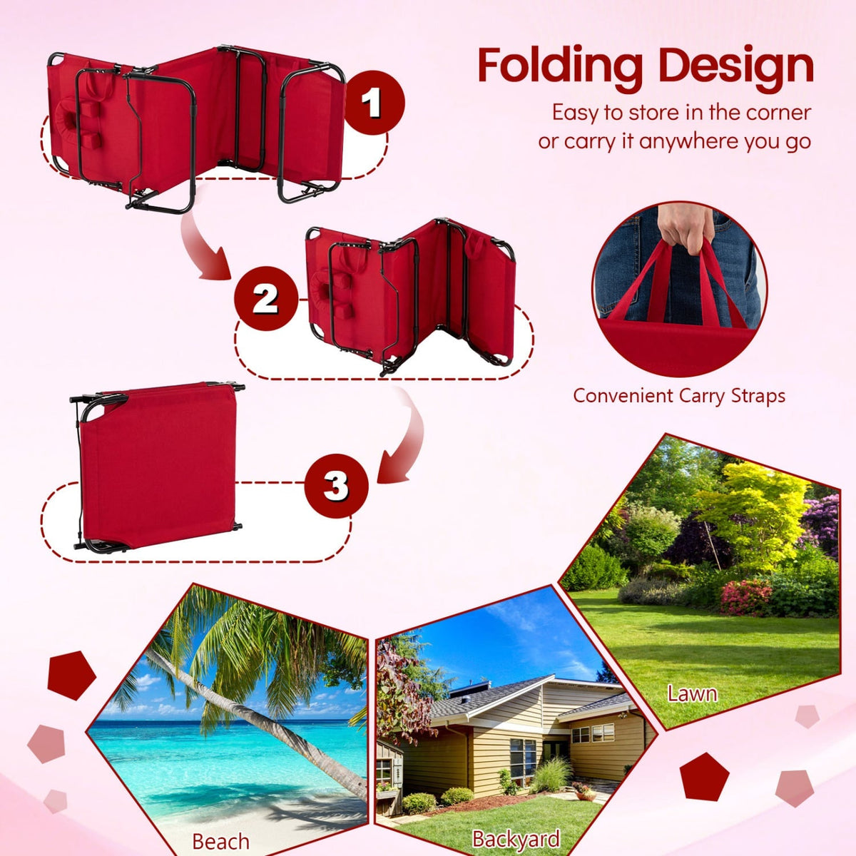 Folding Tanning Lounger with 4 Backrest Positions and Leg Support, Red
