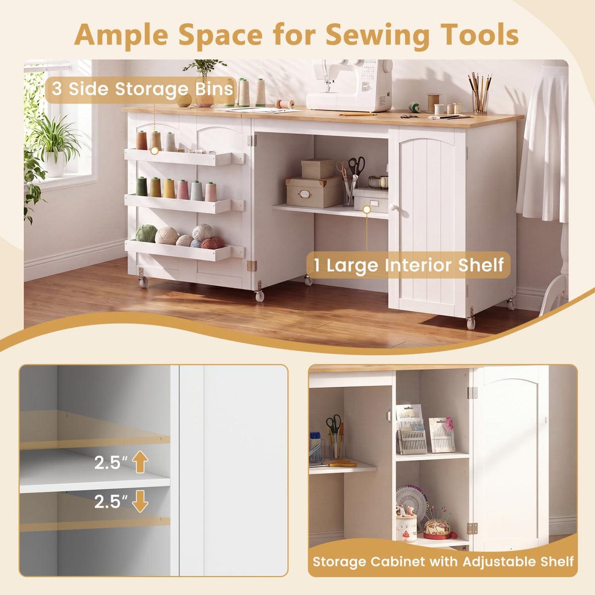 Folding Large Sewing Table Storage Shelves and Lockable Casters-Beige