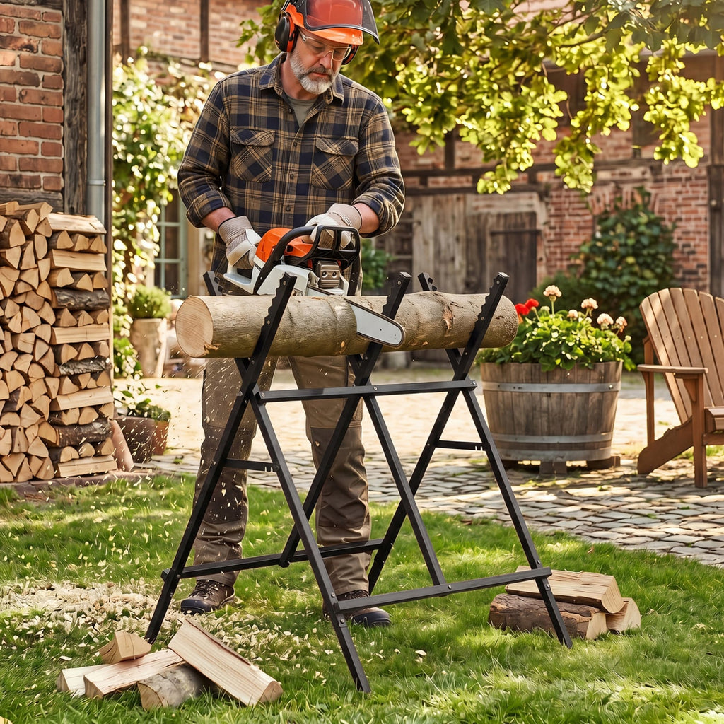 Folding Log Saw Horse with Anti-Slip Sawteeth and Non-Slip Foot Pads Heavy Duty-Black