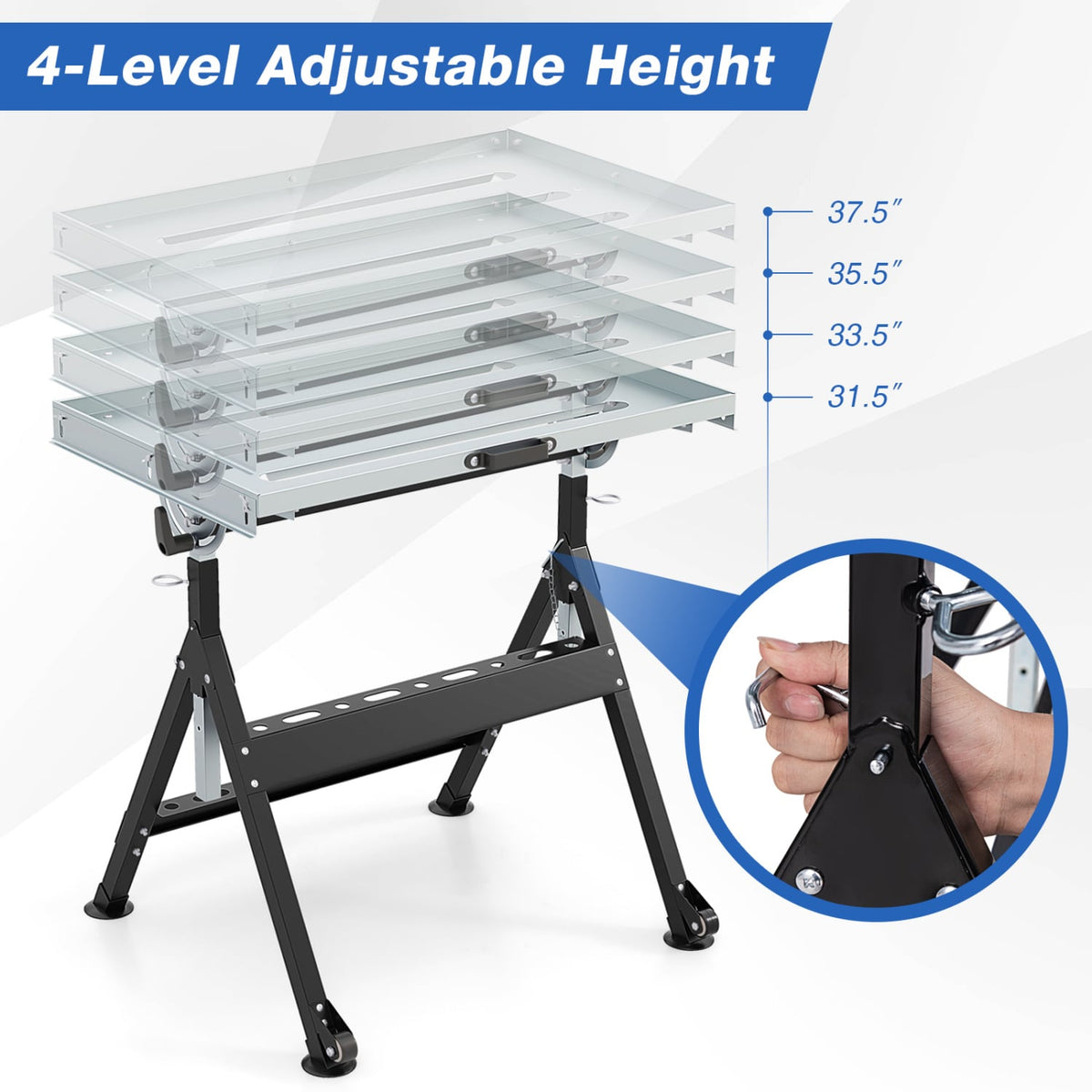 Folding Welding Table Welding Workbench with 2 Fixed Wheels 4-Level Height-Black