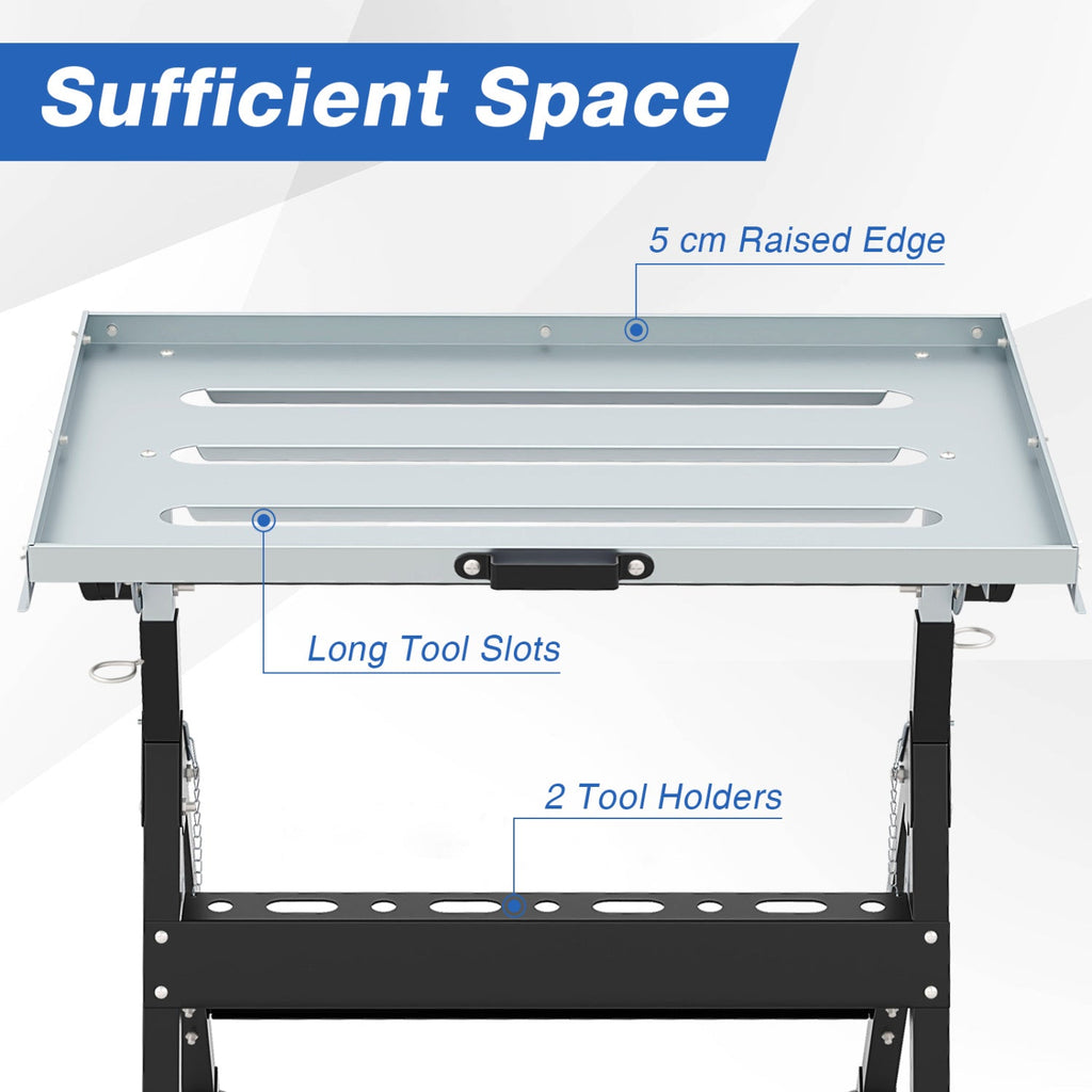 Folding Welding Table Welding Workbench with 2 Fixed Wheels 4-Level Height-Black