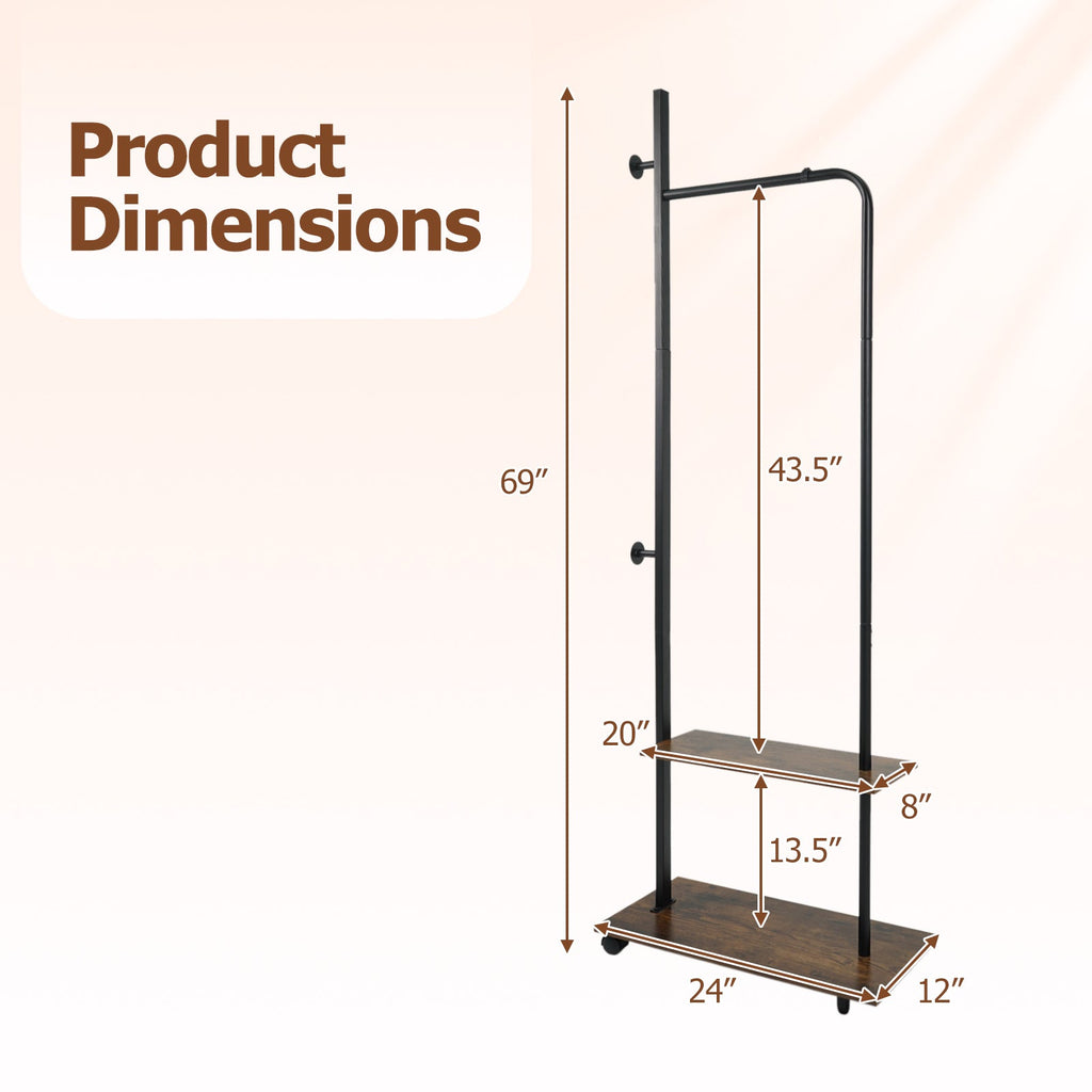 Freestanding Clothing Rack with Wheels and Storage Shelves for Entryway and Bedroom-Rustic Brown