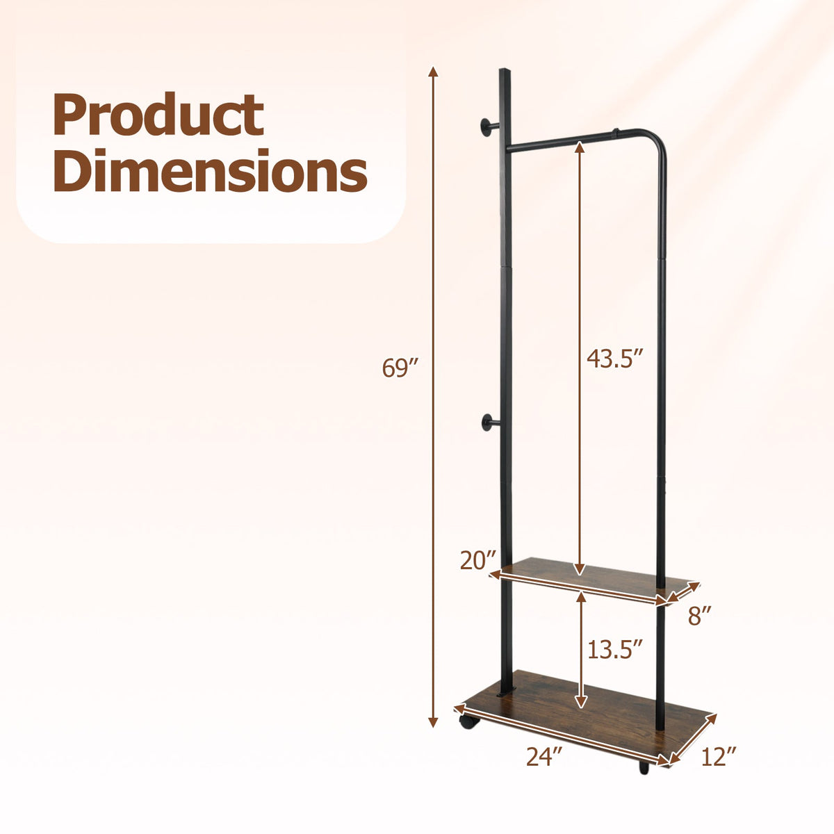 Freestanding Clothing Rack with Wheels and Storage Shelves for Entryway and Bedroom-Rustic Brown