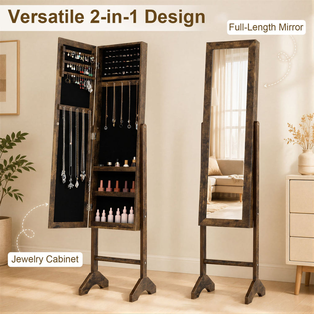 Freestanding Jewelry Armoire with Velvet Lining and Full Length Mirror-Brown