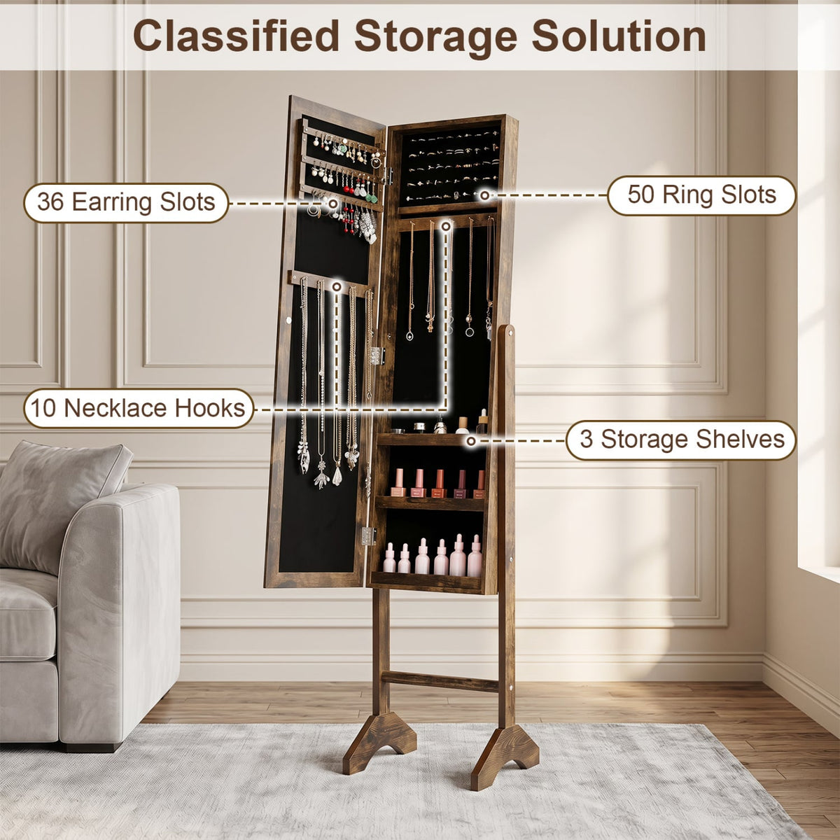 Freestanding Jewelry Armoire with Velvet Lining and Full Length Mirror-Brown