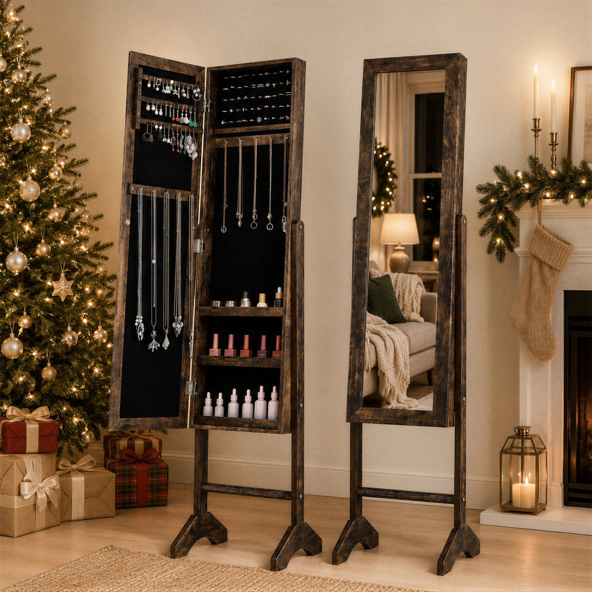 Freestanding Jewelry Armoire with Velvet Lining and Full Length Mirror-Brown