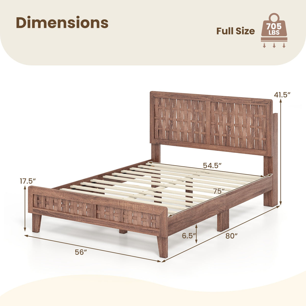 Full Size Mid Century Platform Bed with Woven Headboard and Footboard, 6.5 Inch Low Profile