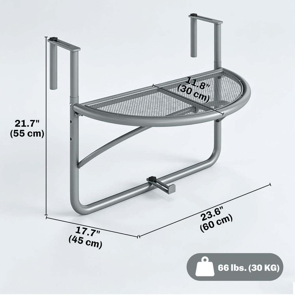 Adjustable Balcony Hanging Railing Table, Metal Mounting Mini Wall Desk Storage Rack, Outdoor Flower Stand Serving Table Half Round, Grey