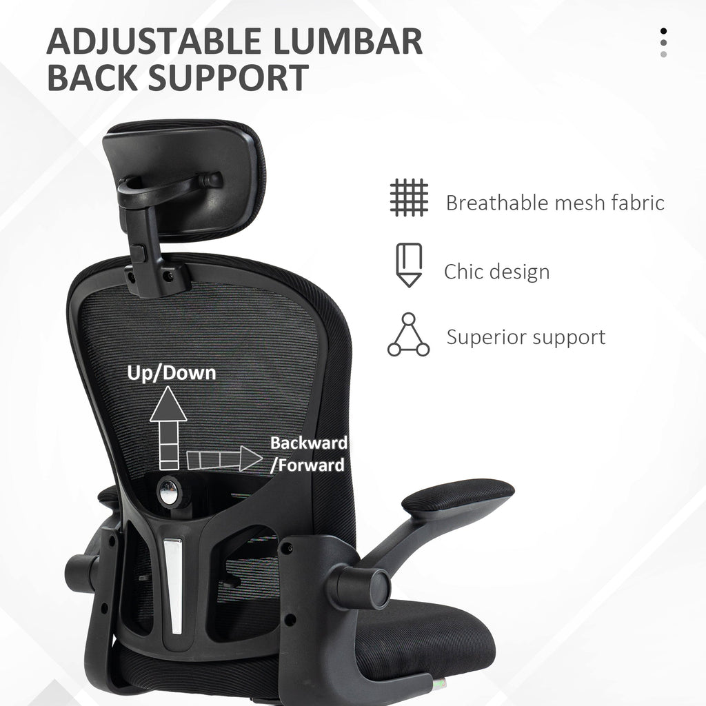 Office Chair, Mesh Computer Desk Chair with Adjustable Headrest, 4D Lumbar Support, Flip-up Arm, Grey