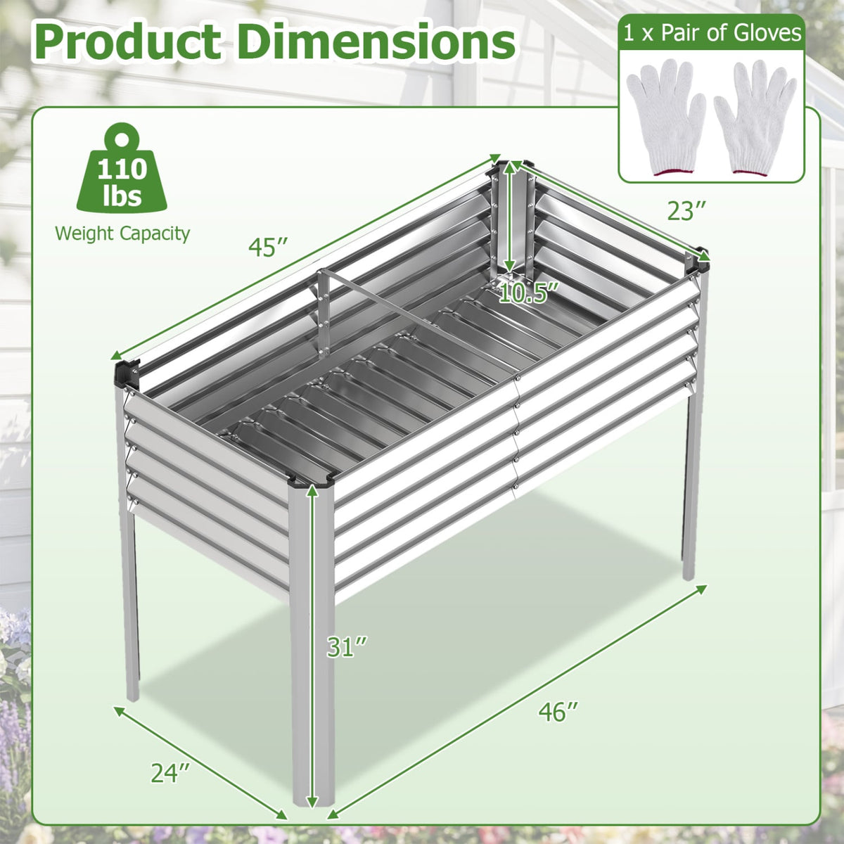 Galvanized Raised Garden Bed with Legs 46 inches x 24 inches x 31 inches Metal Elevated Planter Box-Silver
