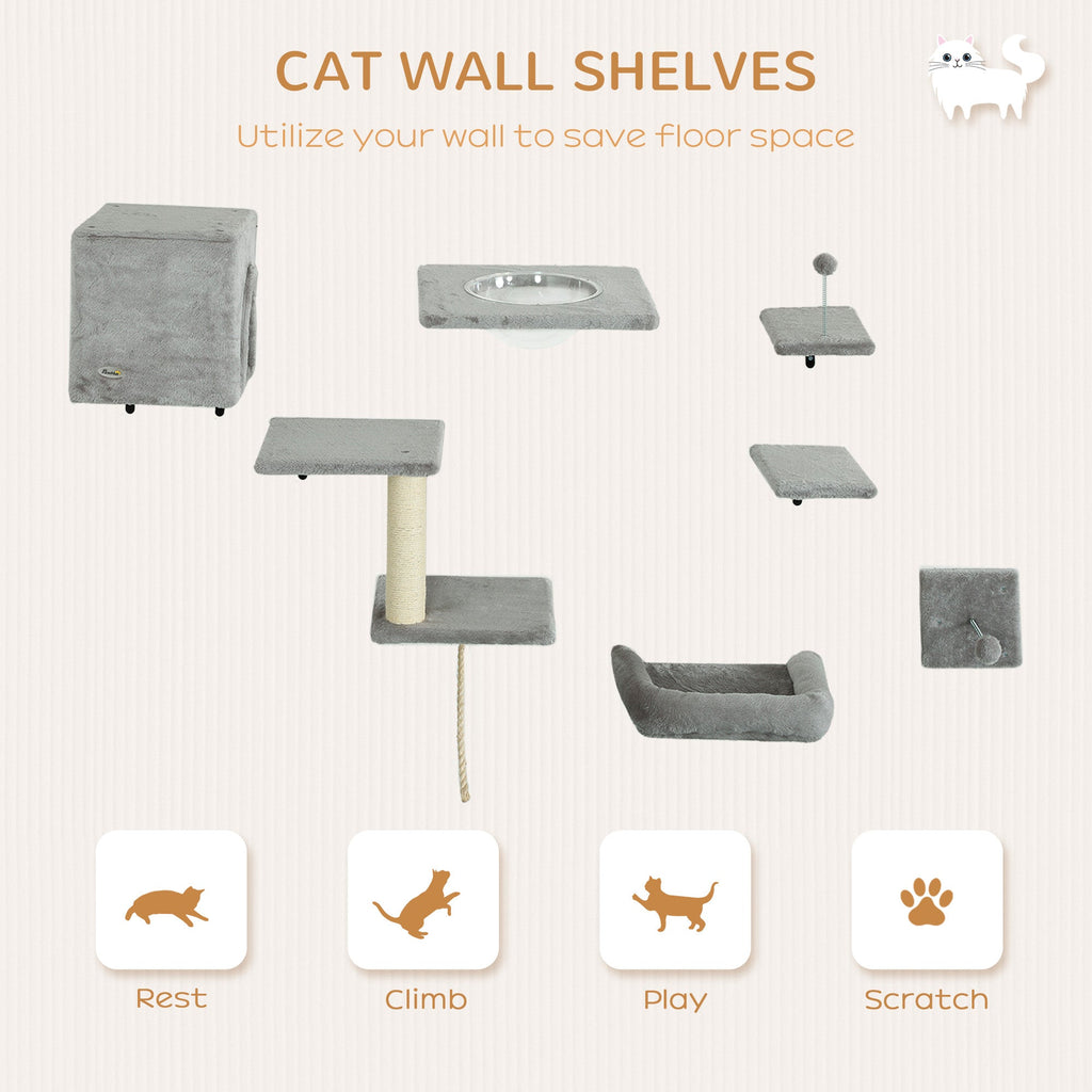 Cat Wall Shelves Set of 7, Shelves and Perches with House, Sisal Post Ladder, Bed & Ball, Grey