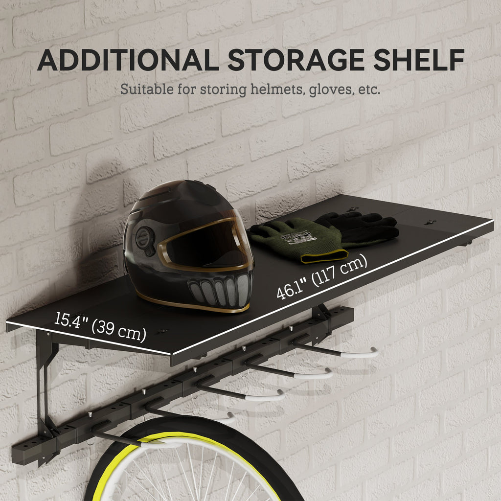 Bike Storage Rack for 5 Bikes, Wall Mounted Bicycle Rack with Shelf and Adjustable Hooks for Indoor Outdoor Use, Black