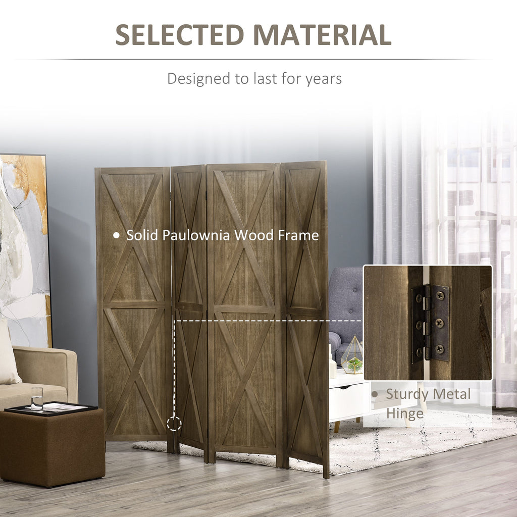 4-panel Wall Partition Farmhouse Room Separator with Foldable Design Wooden Frame 5.6FT, Walnut