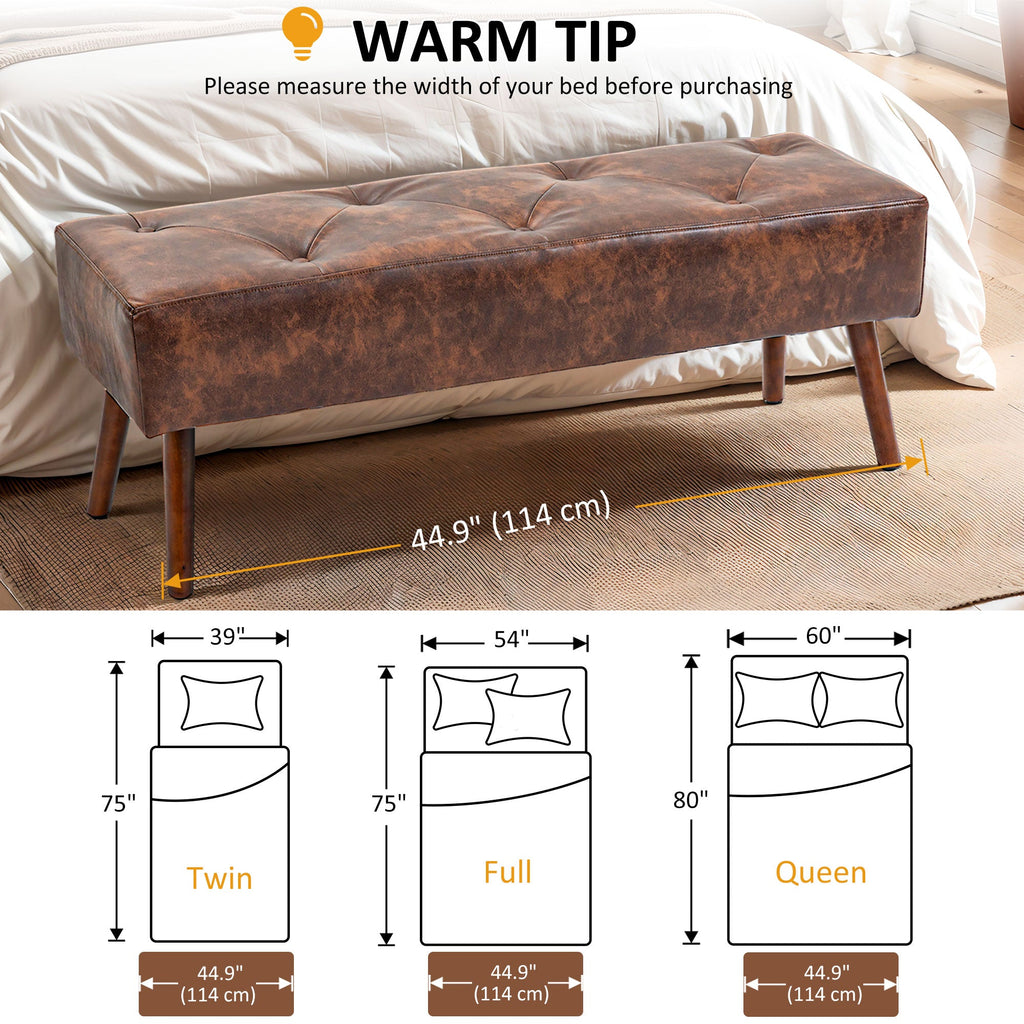 Bedroom Bench, End of Bed Bench with Button Tufted, PU Leather Upholstered Entryway Bench with Wood Legs, Brown