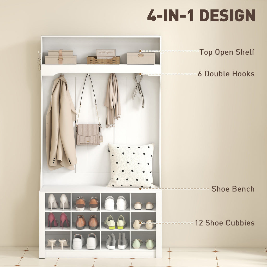 4-In-1 Hall Tree with Bench and Shoe Storage, Farmhouse Coat Rack Shoe Bench with 12 Shoe Cubbies, 6 Hooks, Dark Brown