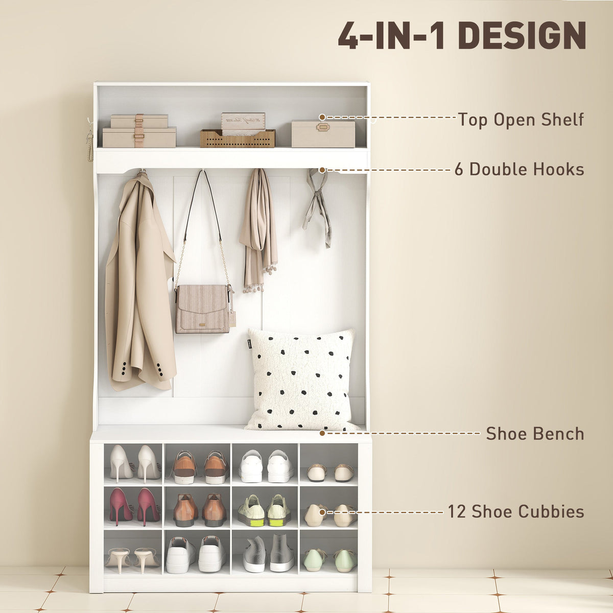 4-In-1 Hall Tree with Bench and Shoe Storage, Farmhouse Coat Rack Shoe Bench with 12 Shoe Cubbies, 6 Hooks, Dark Brown