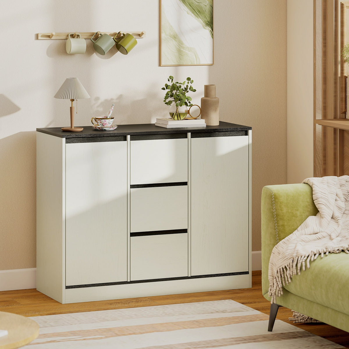 Buffet Cabinet with Soft-Close Hinges, Modern Sideboard with 3 Drawers and 2 Adjustable Shelves, White Wood Grain