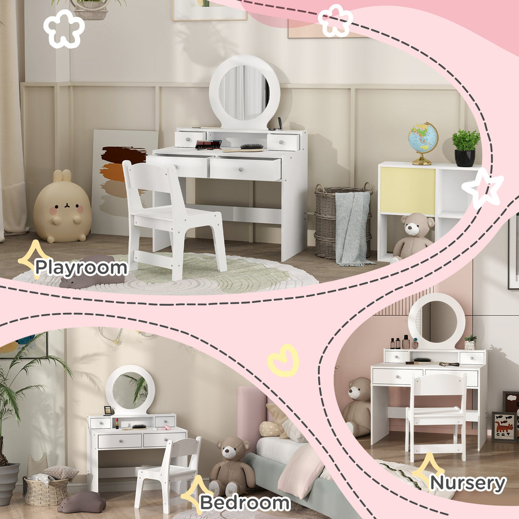 Kids Vanity Set, Children Makeup Table with Mirror, Stool and Storage Drawers, for Ages 3-8, Pink