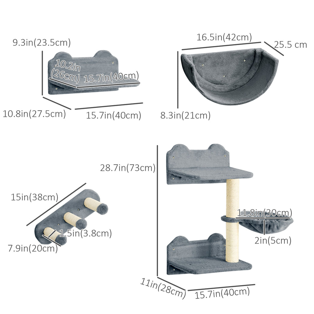 Cat Wall Shelves, 3PCs Cat Shelves with Hammock, Scratching Post, 3 Steps, Jumping Platforms, Wall Mounted Cat Climber, Grey