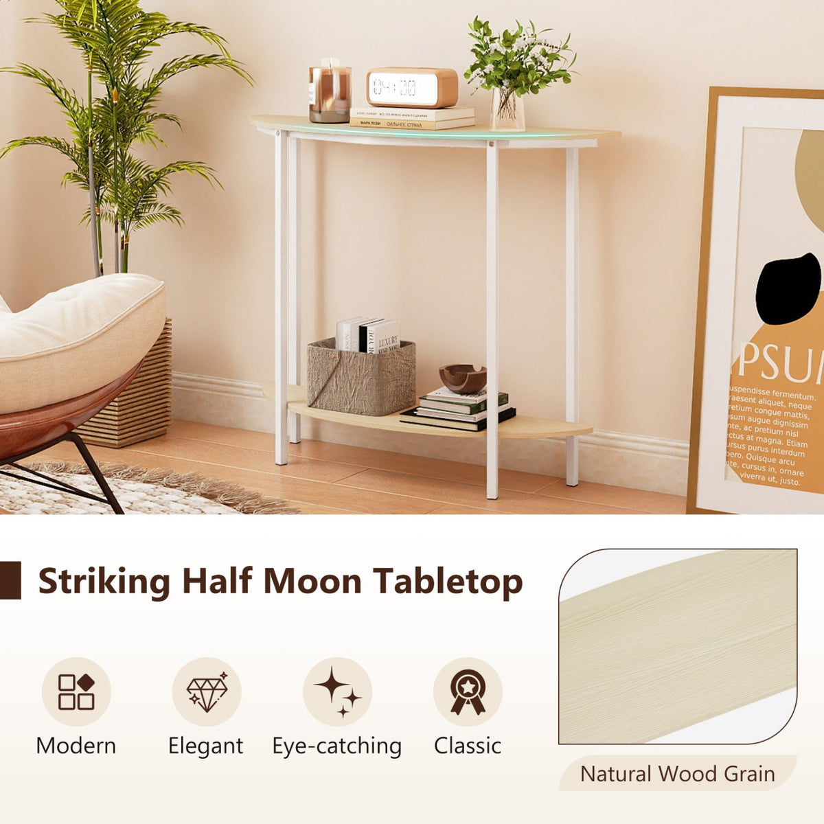 Half Moon Console Table 40 inch 2-Tier Entryway Table with Storage Shelf-Oak
