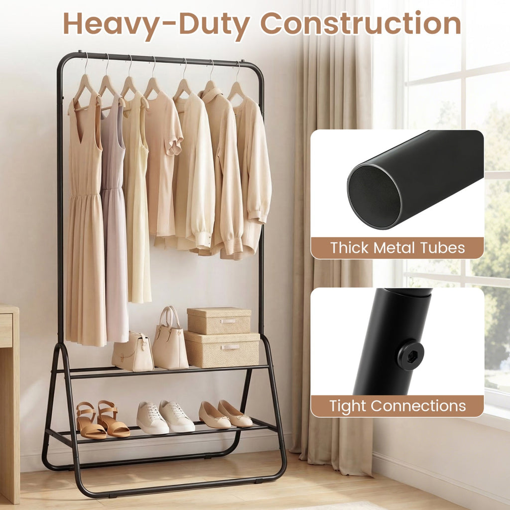 Heavy Duty Clothes Rack with Hanging Rod and Storage Shelves-Black