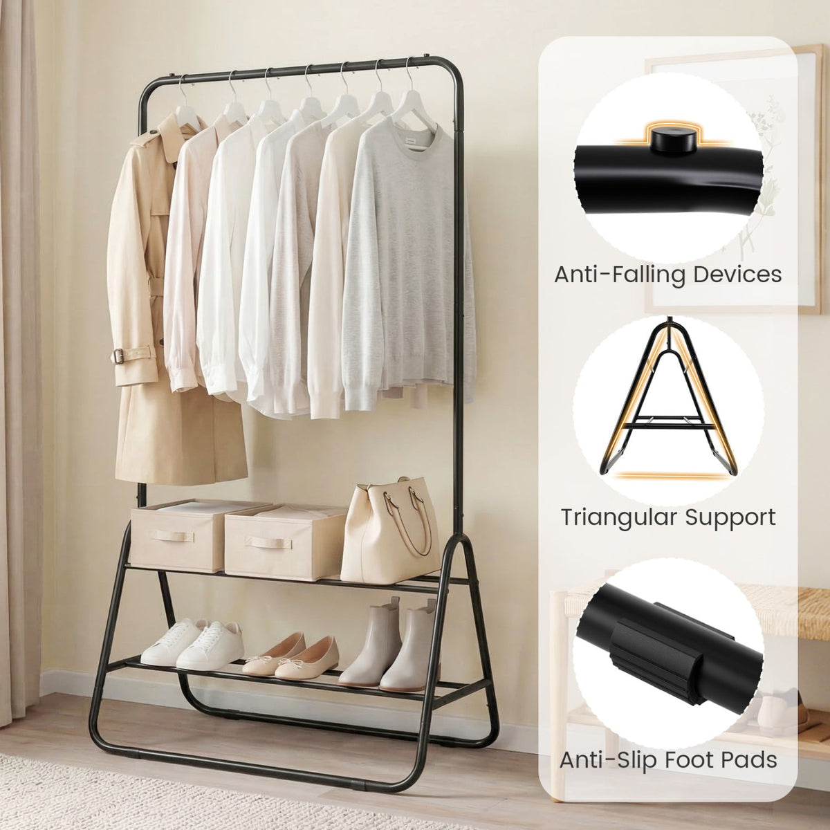 Heavy Duty Clothes Rack with Hanging Rod and Storage Shelves-Black