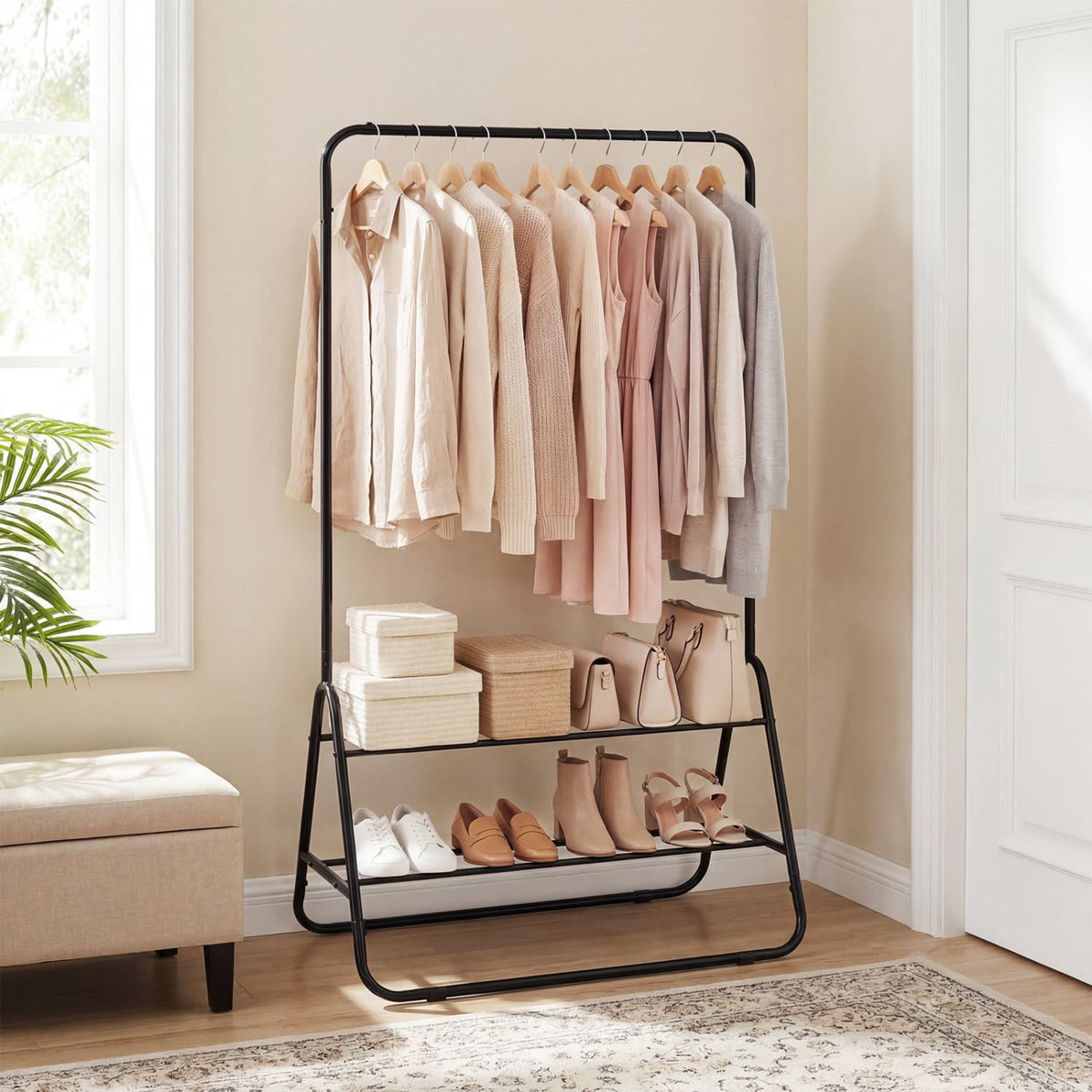 Heavy Duty Clothes Rack with Hanging Rod and Storage Shelves-Black