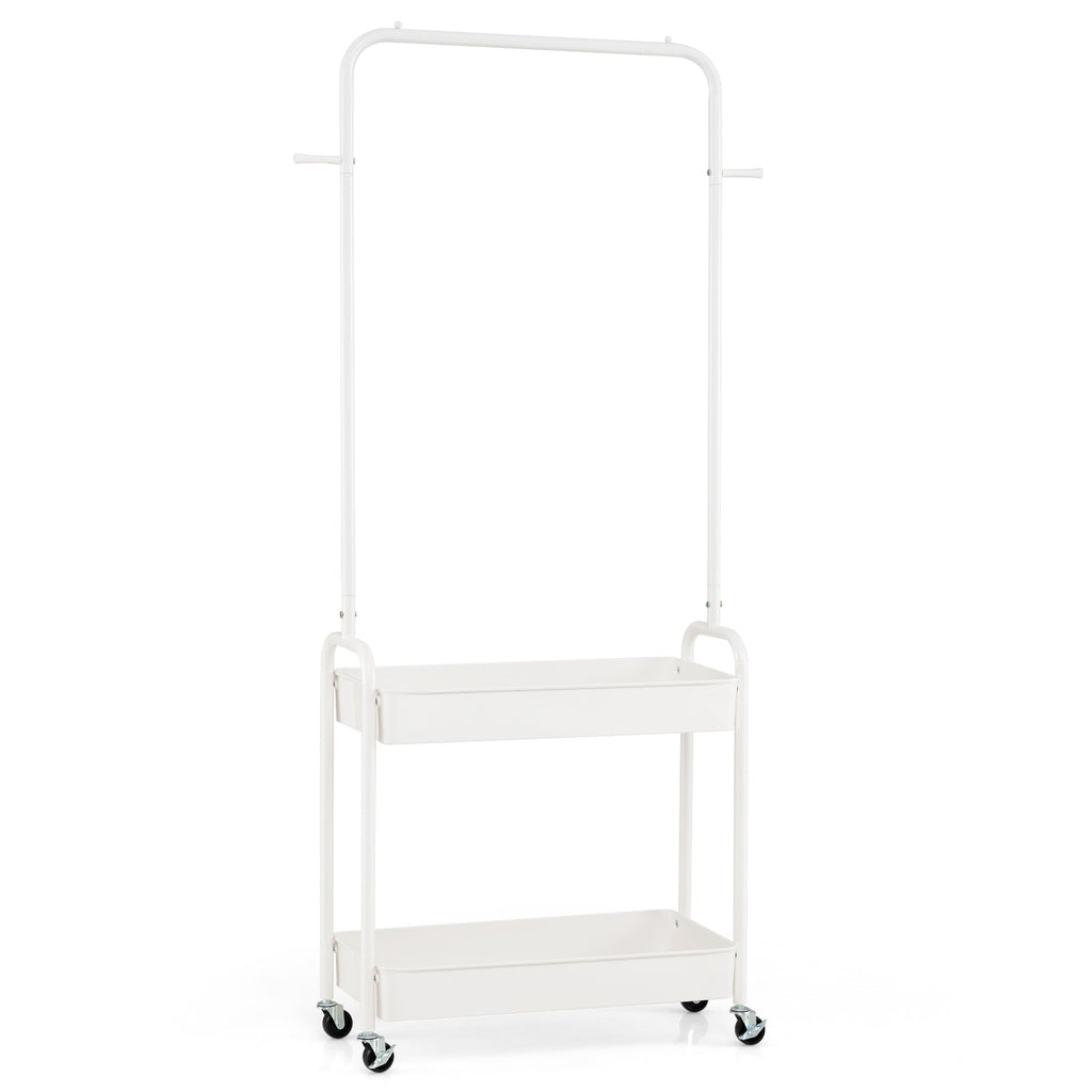 Heavy-Duty Laundry Cart with Hanging Rod and 2 Storage Baskets for Bedroom-White