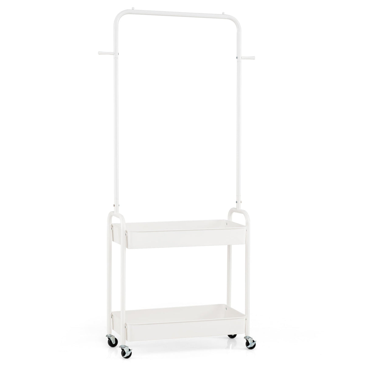 Heavy-Duty Laundry Cart with Hanging Rod and 2 Storage Baskets for Bedroom-White