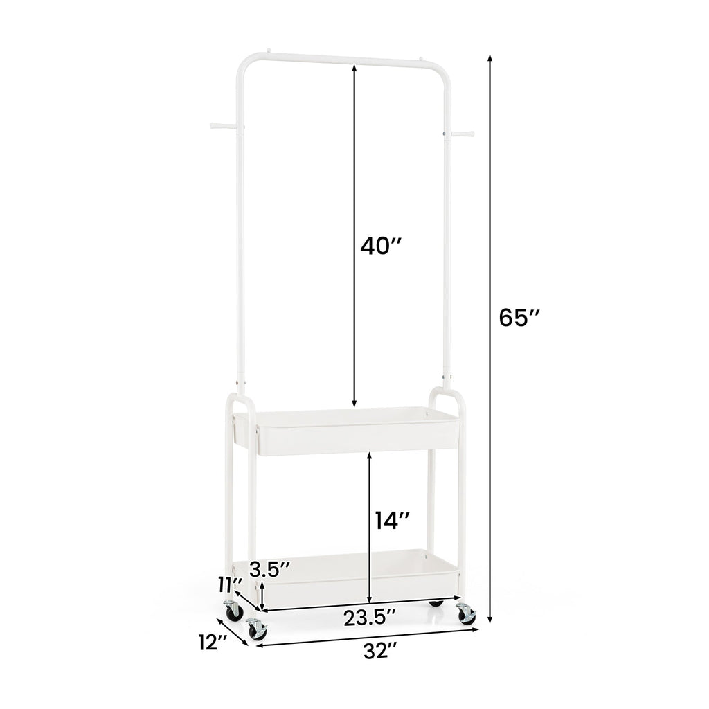 Heavy-Duty Laundry Cart with Hanging Rod and 2 Storage Baskets for Bedroom-White