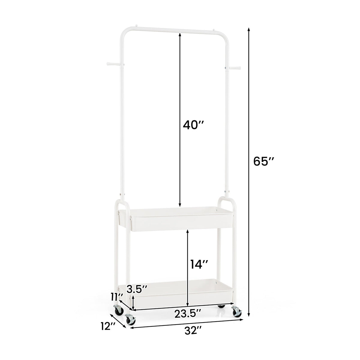 Heavy-Duty Laundry Cart with Hanging Rod and 2 Storage Baskets for Bedroom-White