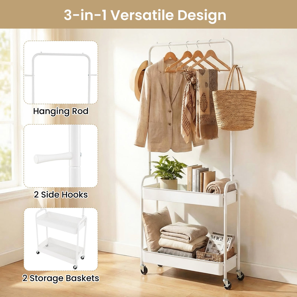Heavy-Duty Laundry Cart with Hanging Rod and 2 Storage Baskets for Bedroom-White