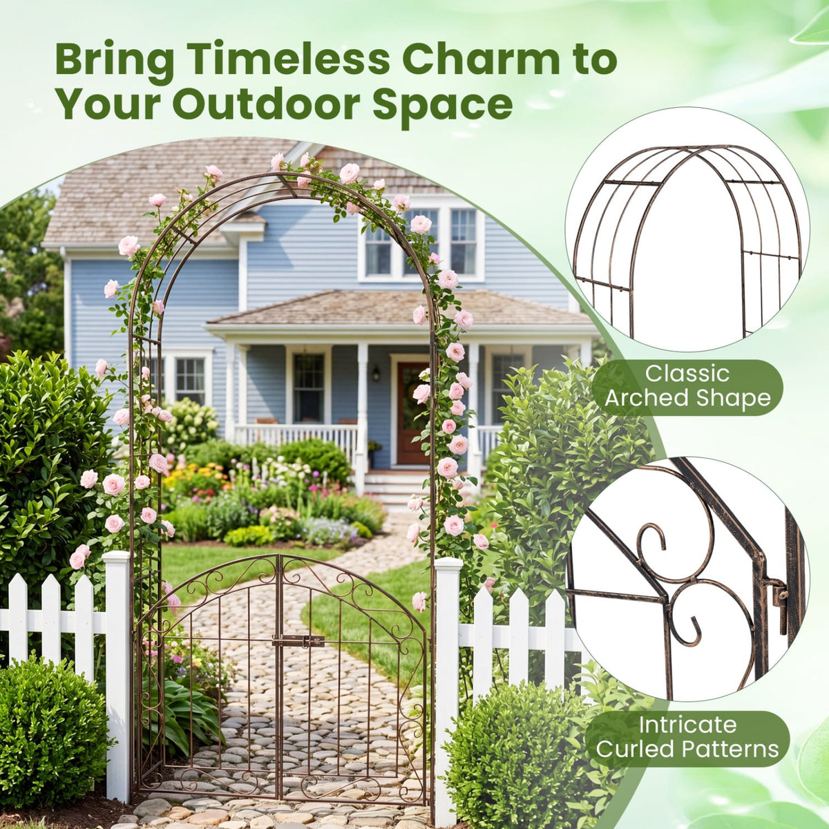 Heavy-Duty Metal Garden Arch with Gate and Safety Latch-Bronze