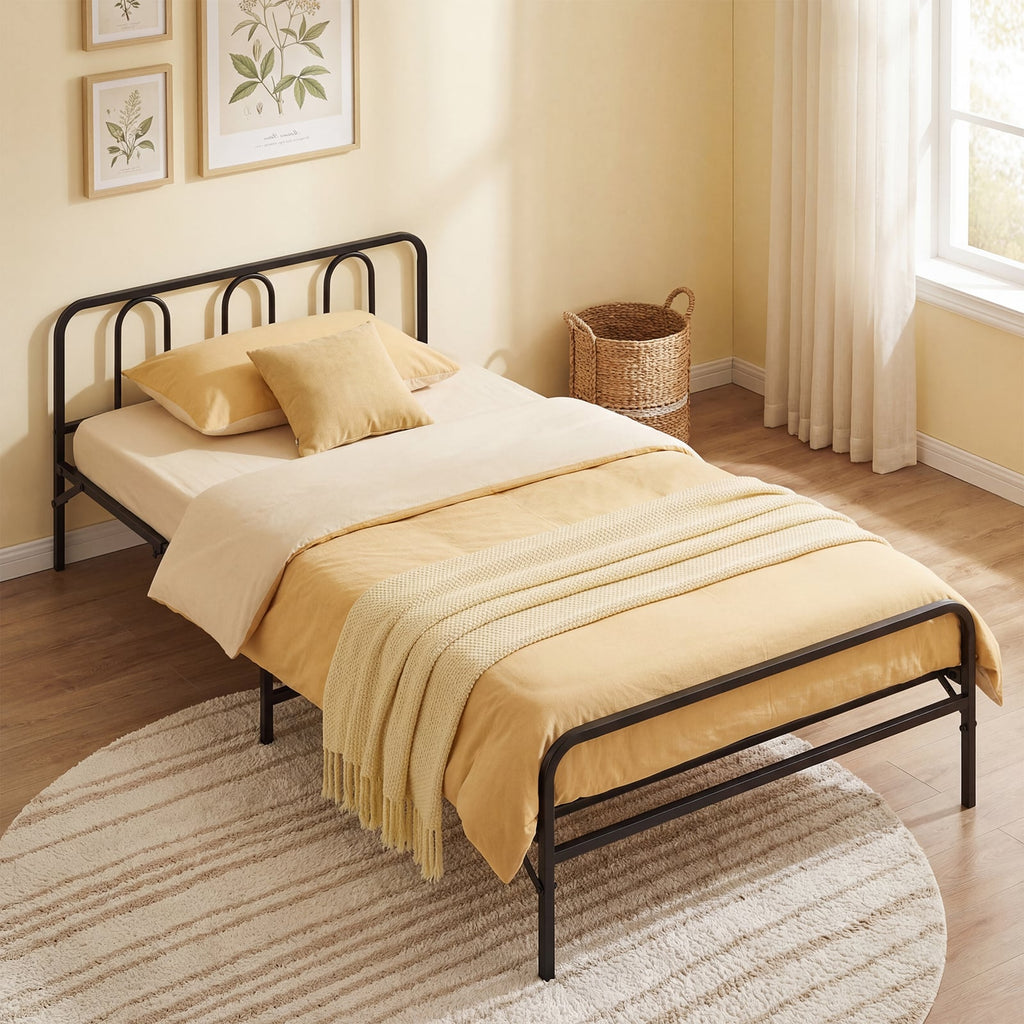 Heavy Duty Metal Twin Foldable Bed Frame with Headboard & Footboard-Black