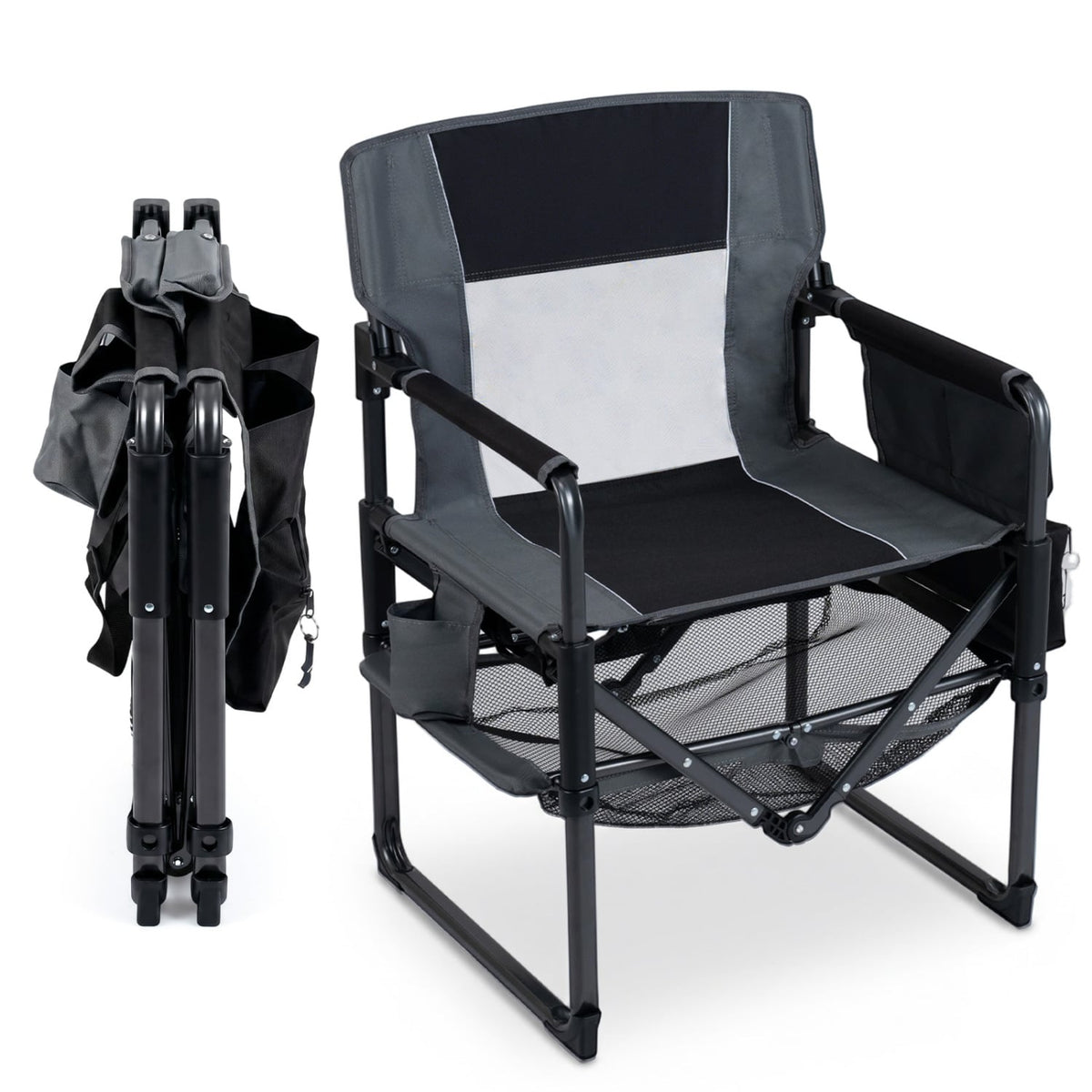 Heavy Duty Outdoor Camping Chair with Cup Holder and Side Pocket-Black