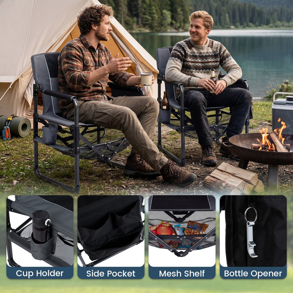Heavy Duty Outdoor Camping Chair with Cup Holder and Side Pocket-Black