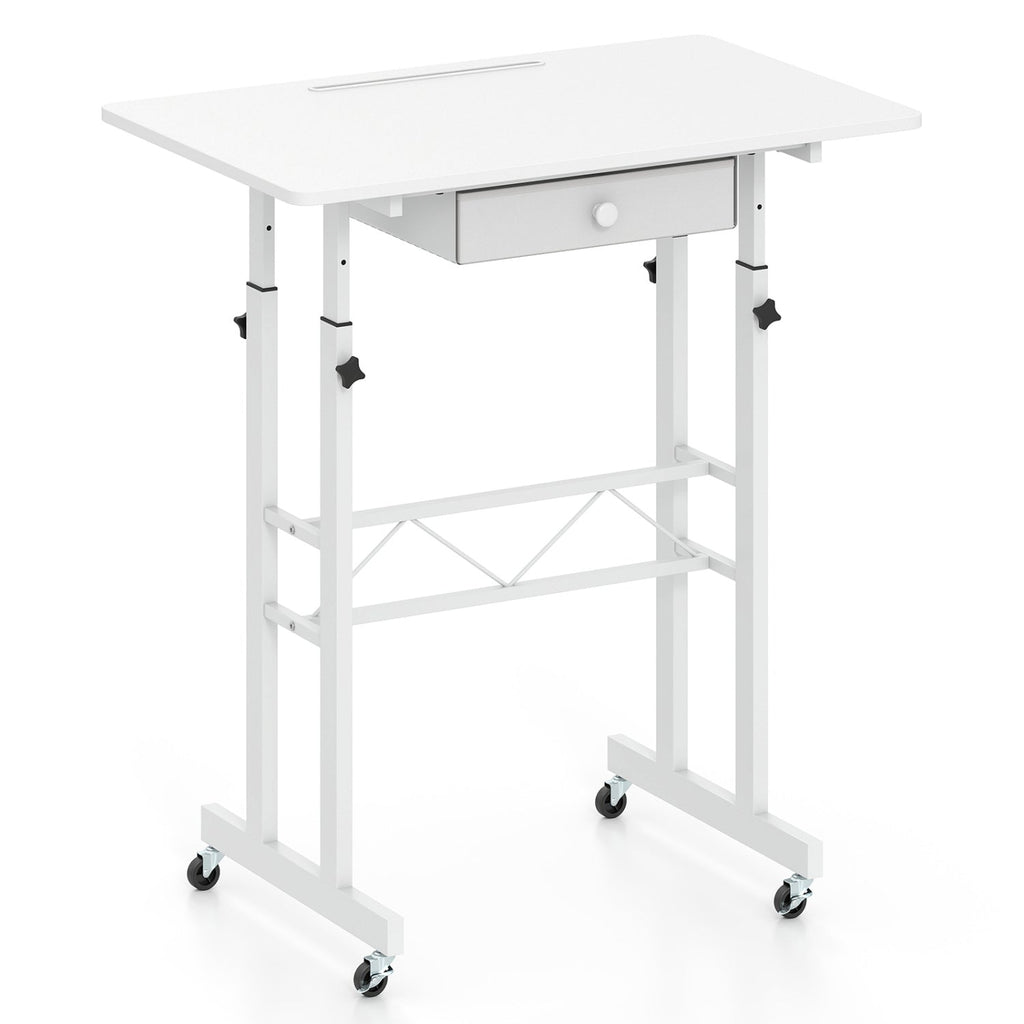 Height Adjustable Laptop Desk with Fabric Drawer Tablet Holder and Lockable Wheels-White