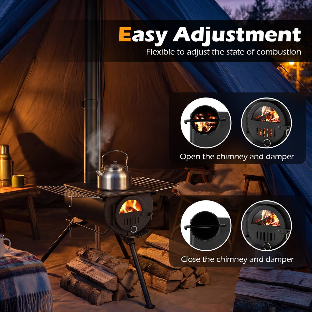 Hot Tent Stove with Chimney Pipes and Foldable Legs for Outdoor Heating-Black