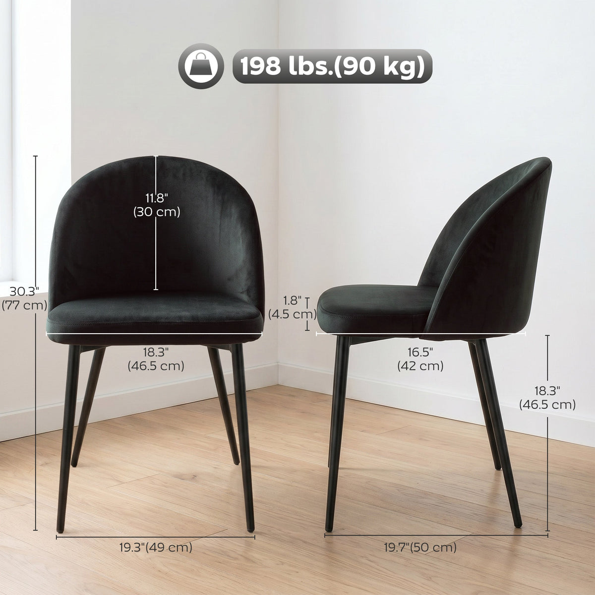 Set of 2 Mid-Back Dining Chair, Mid-Back Velvet-touch Upholstery Kitchen Chair for Living Room Dining Room, Black