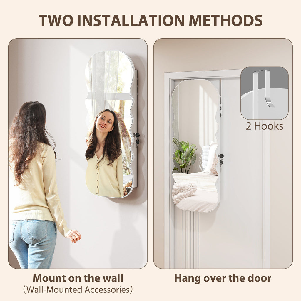 Jewelry Armoire Cabinet with Lights, Wall Mounted or Door Hanging Mirror Jewelry Cabinet with Full Length Mirror, White