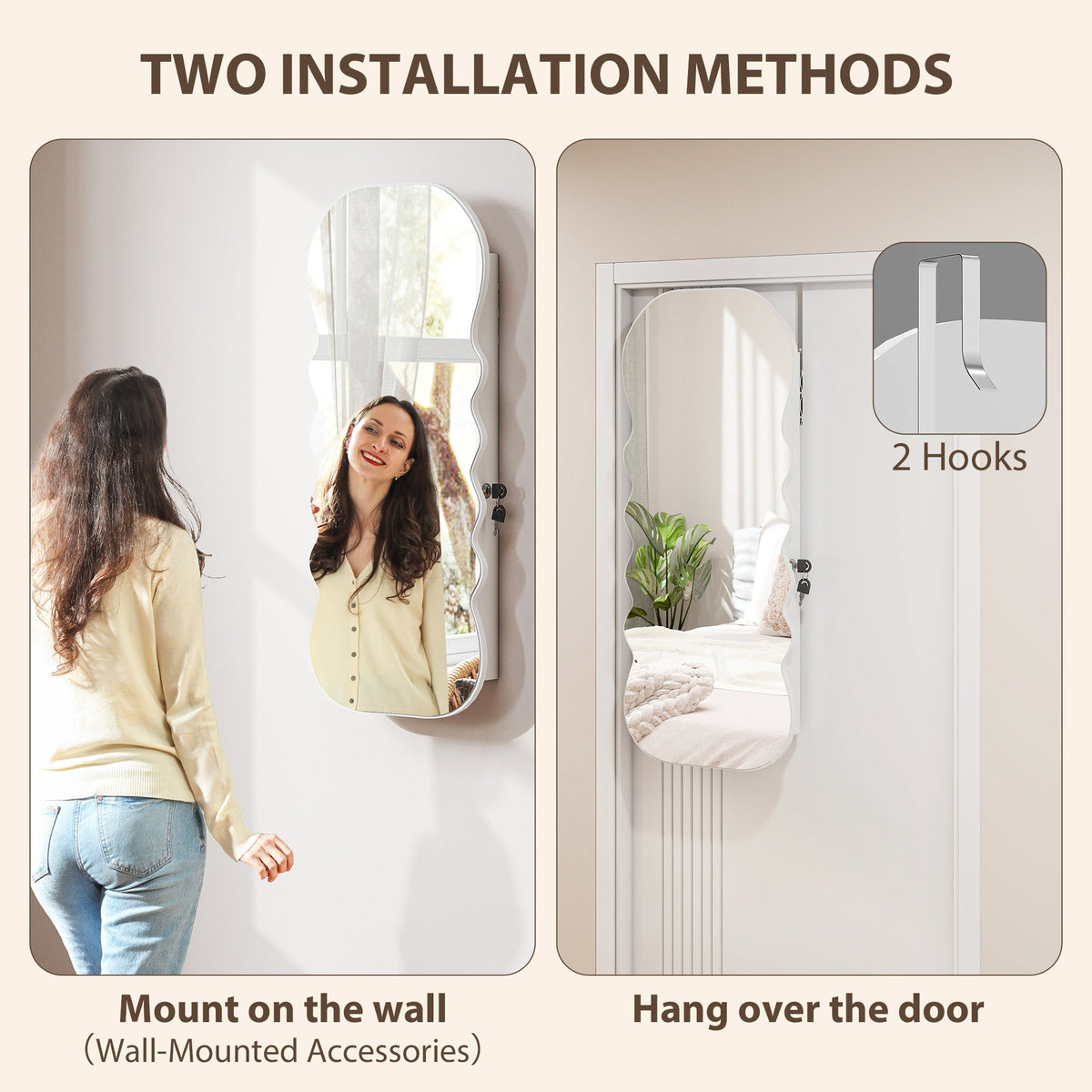 Jewelry Armoire Cabinet with Lights, Wall Mounted or Door Hanging Mirror Jewelry Cabinet with Full Length Mirror, White