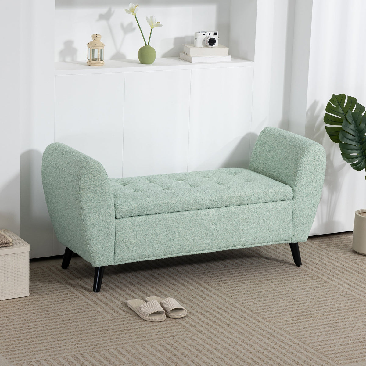 Upholstered Storage Bench with Arms, Modern Ottoman Bench for Bedroom, Entryway, and Living Room, Black