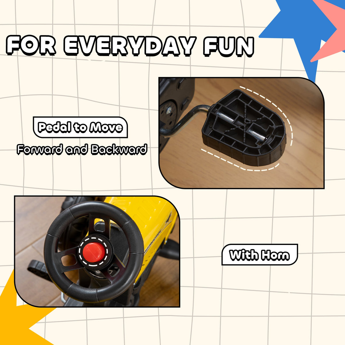 Ride on Excavator with Back Trailer, Shovel & Rake for 3+ Year Old