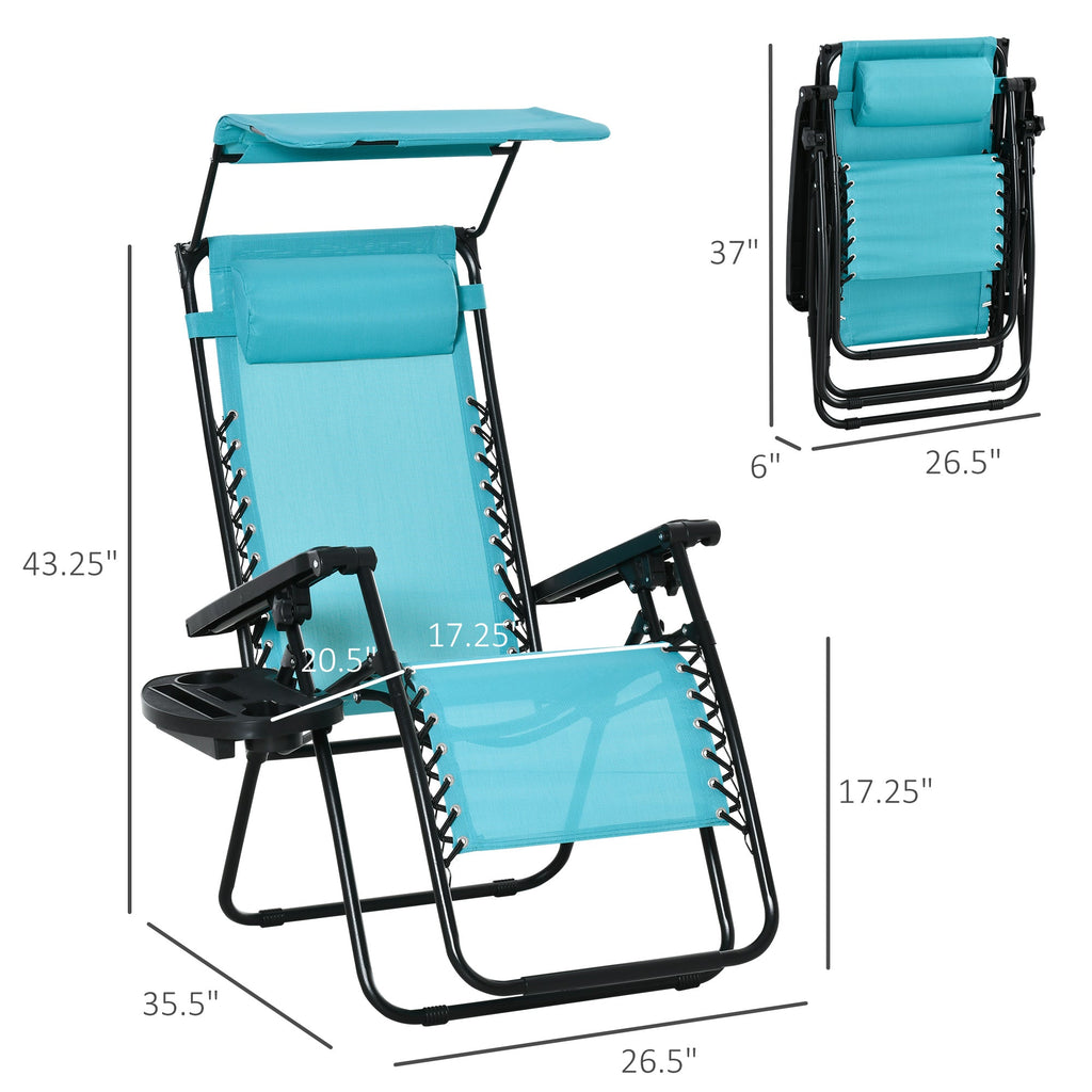 2 Piece Foldable Lounge Chair with Canopy Shade, Outdoor Zero Gravity Chair w/ Side Tray & Cup Holder, Reclining Lounger w/ Breathable Mesh Fabric Seat, Pillow, Sky Blue